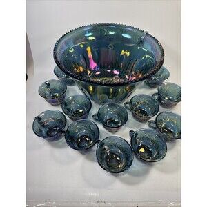 Indiana Glass Co Iridescent Blue Carnival 25pc. Princess Punch Set Harvest Grape